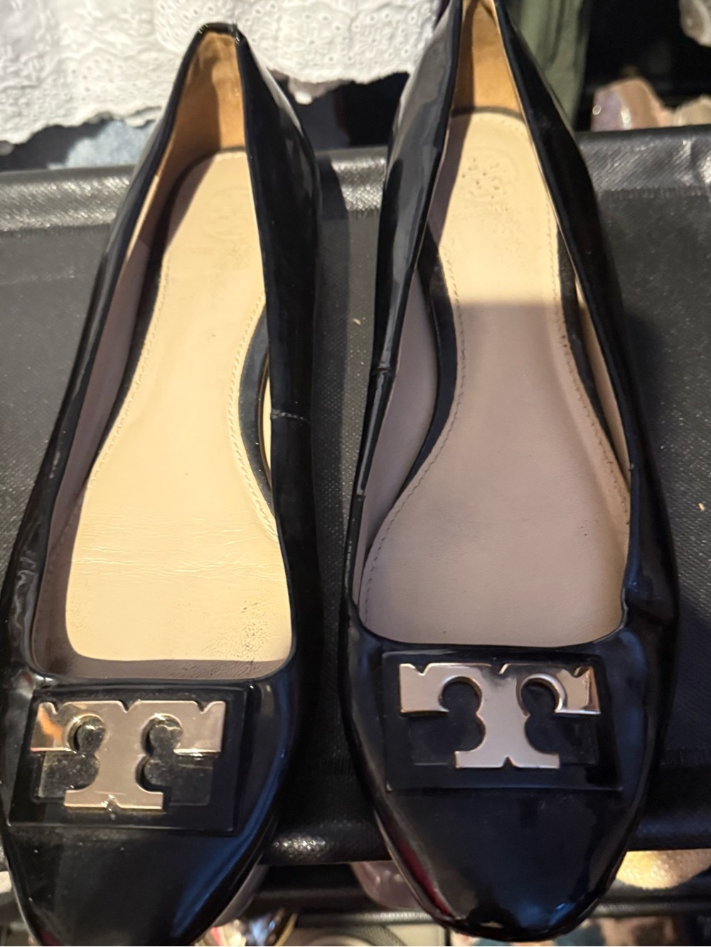 Tory Burch Black Patent Leather Logo Flats with Gold Hardware